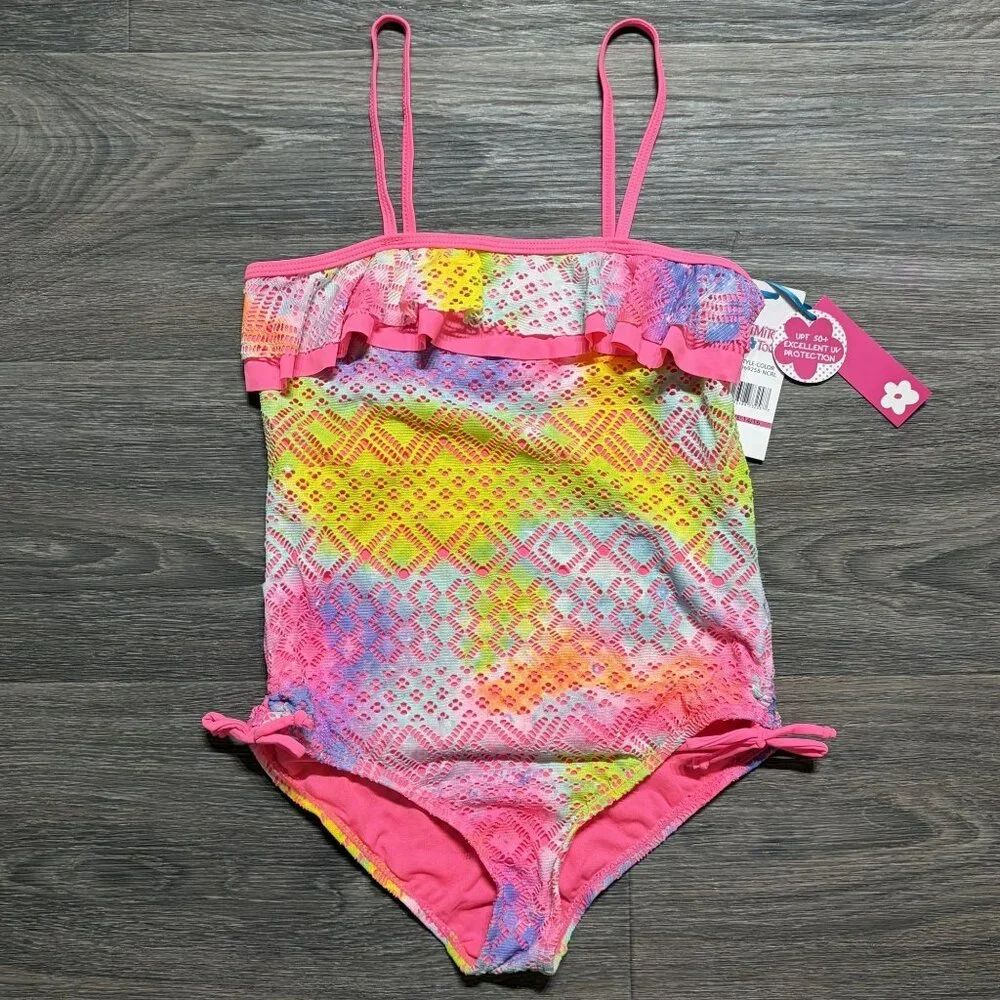 Limited Too Girls 14-16 Bathing Suit UPF 50 One Piece Ruffled Swimsuit Pink